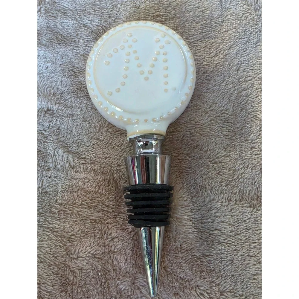 Monogram Initial M Ceramic Wine Bottle Stopper Chrome Metal Beaded White Cream